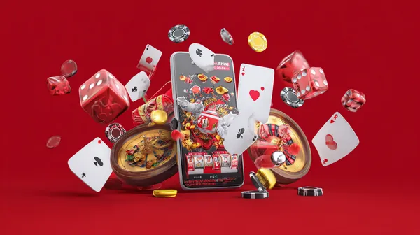 A woman smiling while playing online games on her laptop, surrounded by neon casino elements, showcasing JL777’s diverse game collection.